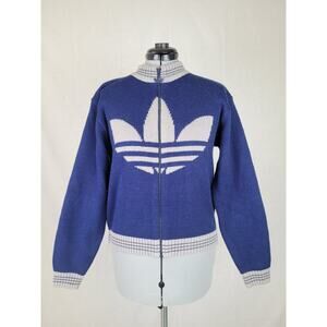 Vintage Adidas Blue & Grey Knit Cropped Long Sleeve Sweater Women's Sz S